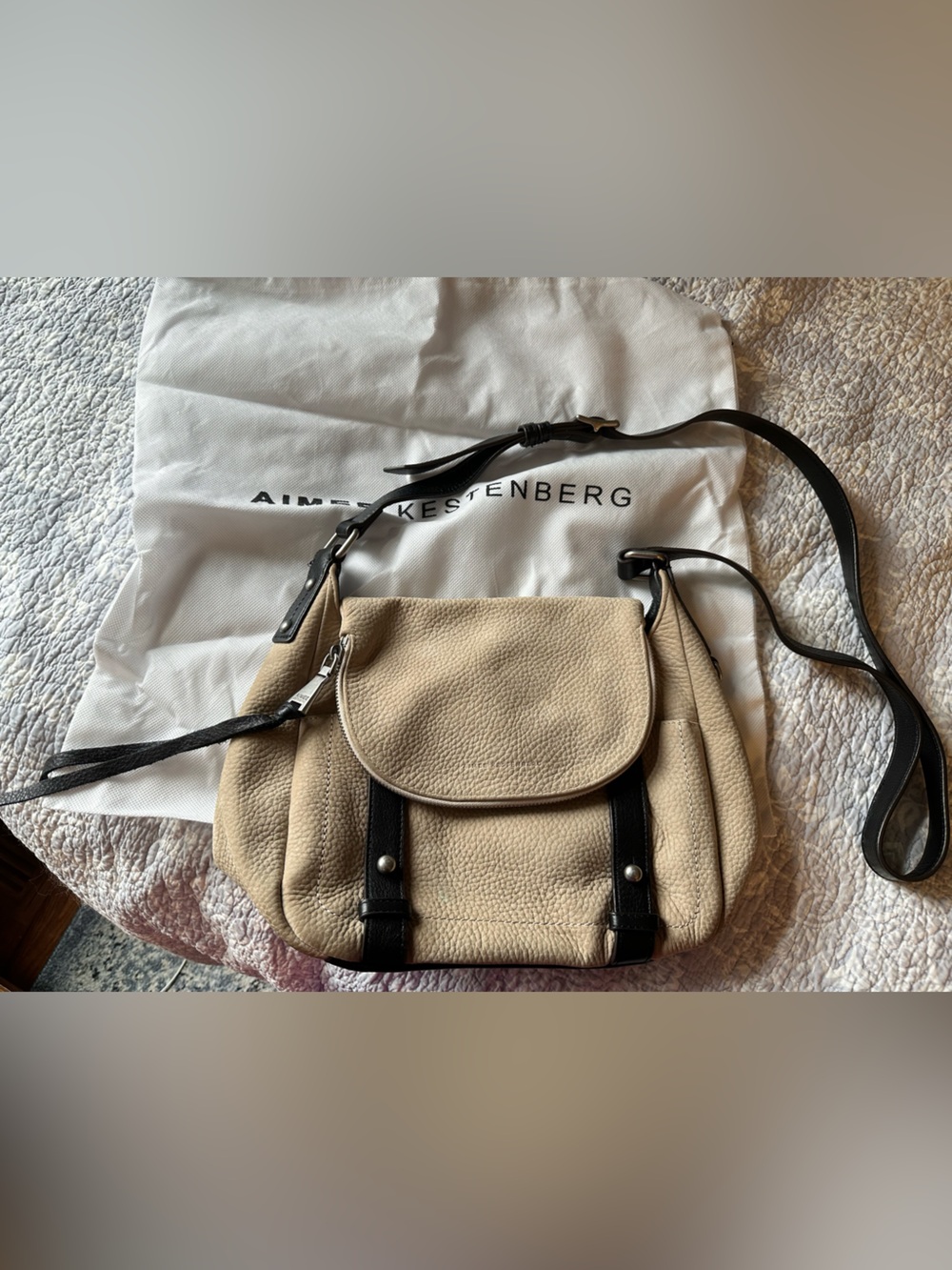 Aimee Kestenberg Beige / light tan leather Crossbody purse with Black trim